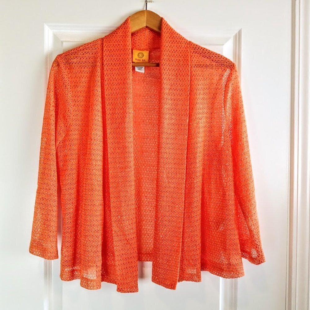 Ruby Rd. Tangerine Orange Open Mesh Weave Cardigan - Picture 3 of 7